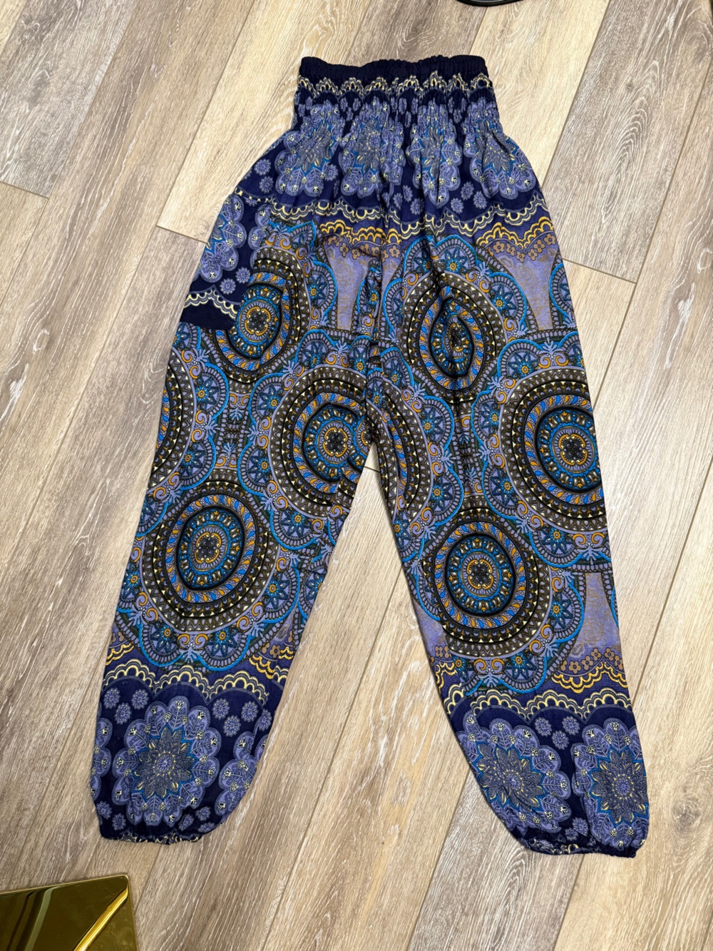 #21)  Navy Paisley Print Elastic-Waist Harem Joggers